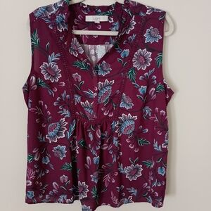 LOFT Women's Floral Sleeveless‎ Top - Burgundy Dark Romantic Flowy Sheer